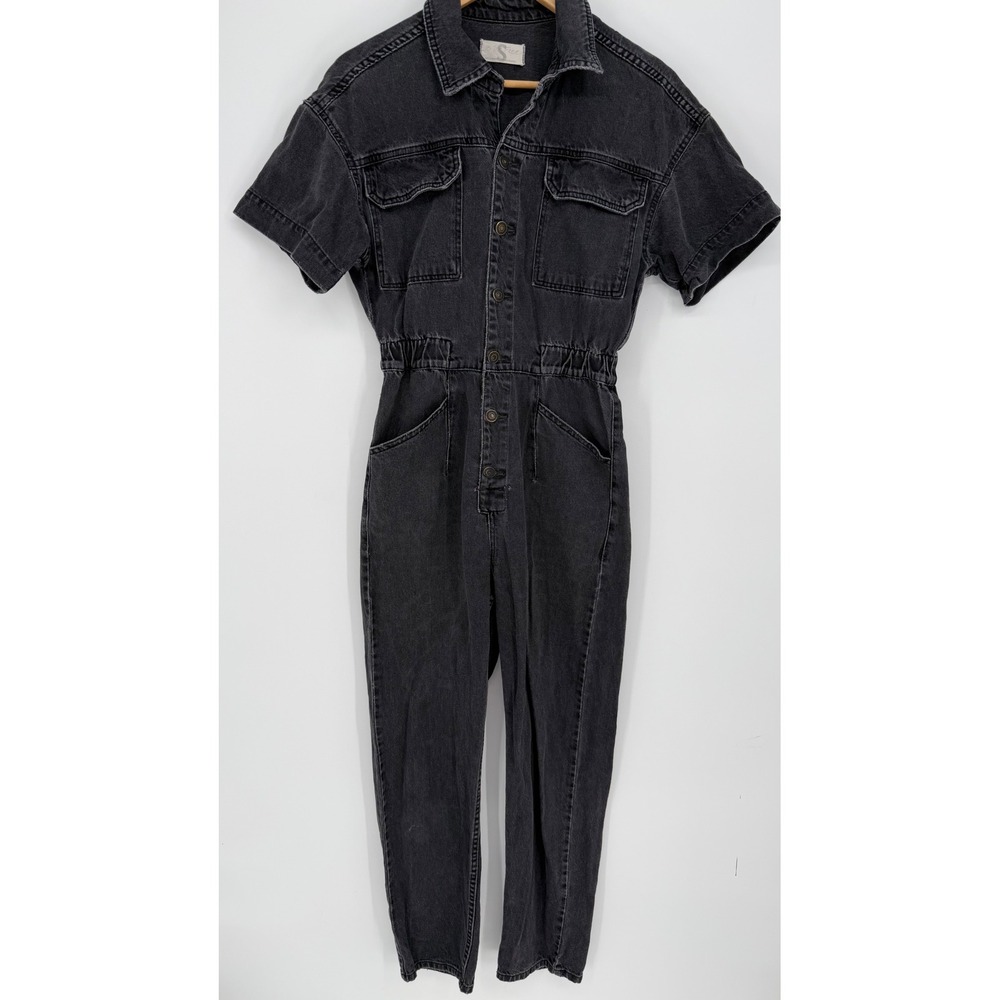 We The Free Marci Black Denim Jumpsuit Utility Short Sleeve Button Front S